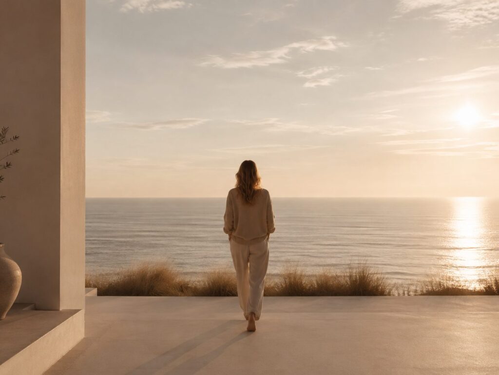 A woman looking out to sea at sunset