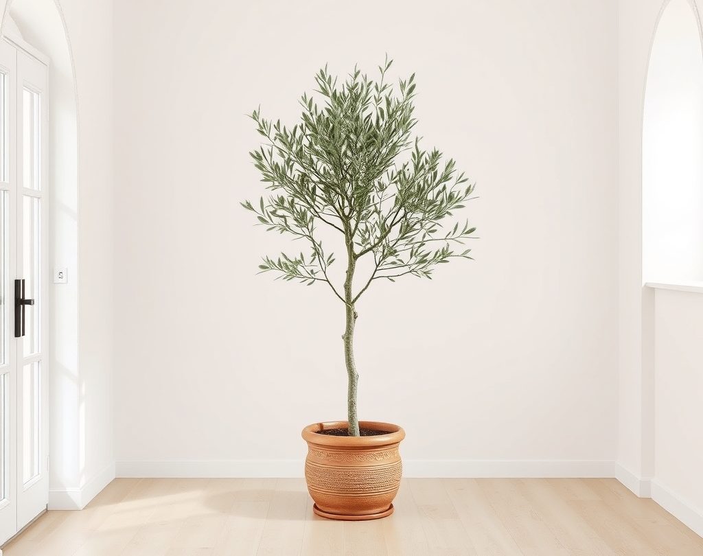 An olive tree in a terracotta pot in a bright room
