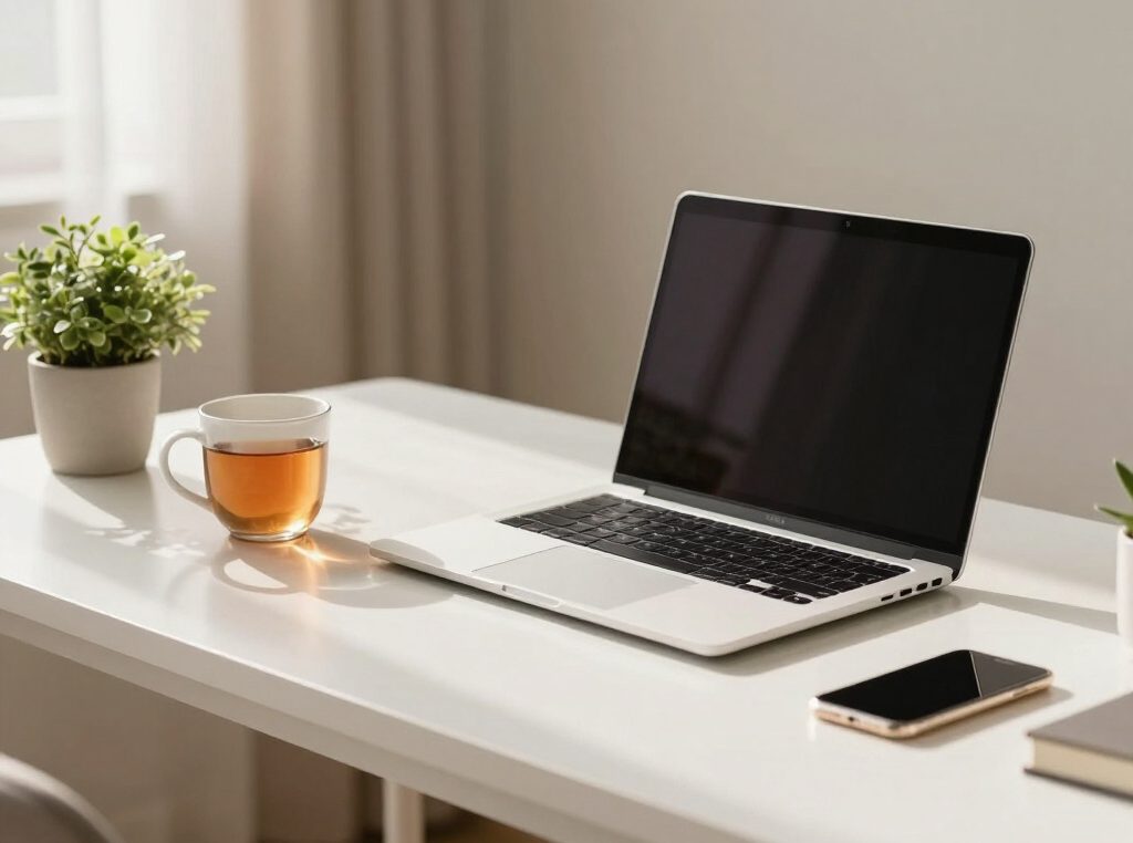 A laptop and a cup of tea on a desk